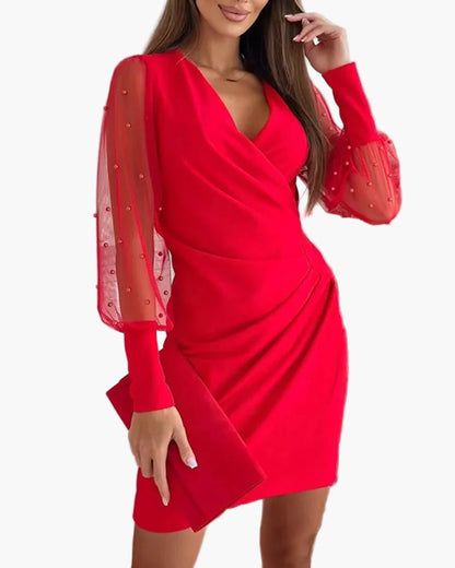 Abito cocktail festivo da donna con maniche trasparenti e elegante effetto incrociato – Perfetto per feste e occasioni speciali