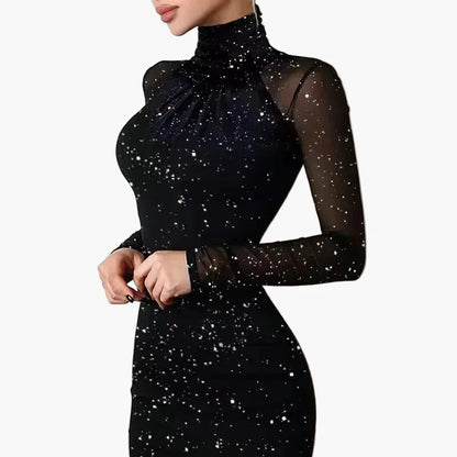 Miniabito bodycon elegante da donna con punti glitterati – Abito da sera e festa con collo alto e maniche in mesh