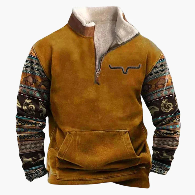 Herren Western Style Pullover mit Azteken-Muster und Longhorn-Motiv – Bequemer Freizeit-Sweater für Outdoor & Alltag