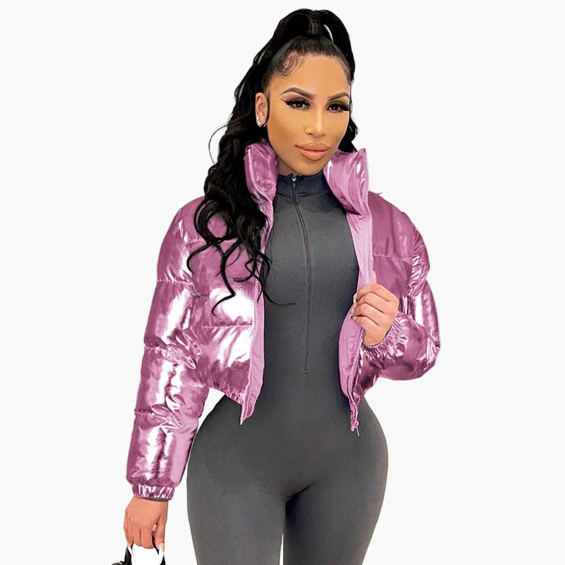 Damen Steppjacke Kurze Trendjacke Glänzend Streetwear Wintermode