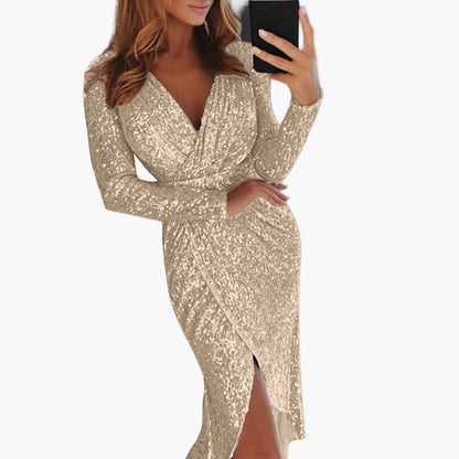 Dam elegant festklänning med paljetter och omlottlook – Djup V-ringning, långa ärmar, perfekt för kvällsevenemang och klubbar