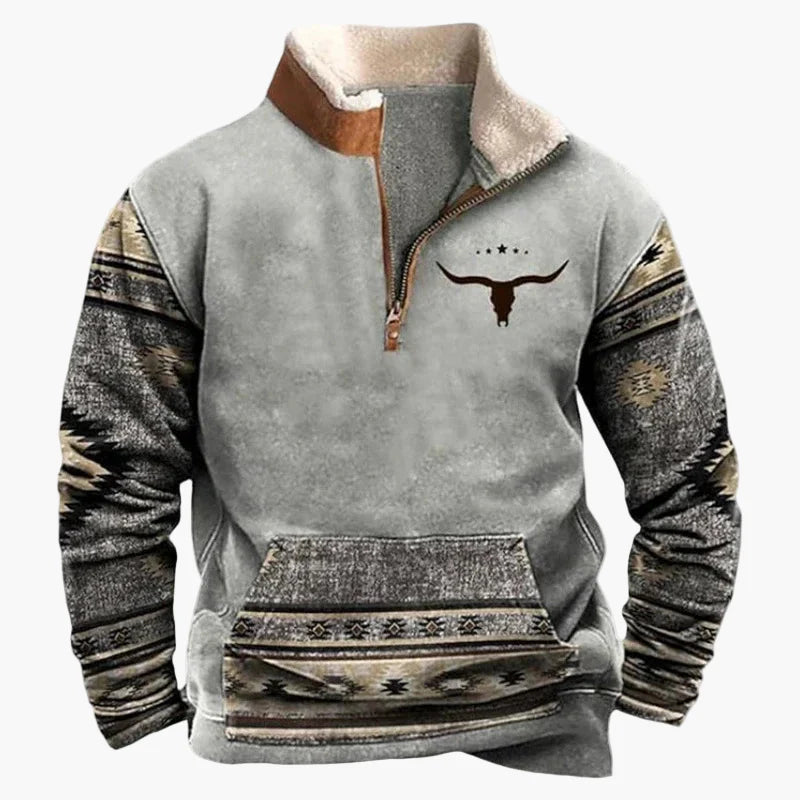 Herren Western Style Pullover mit Azteken-Muster und Longhorn-Motiv – Bequemer Freizeit-Sweater für Outdoor & Alltag