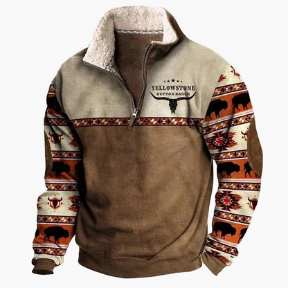 Herren Western Style Pullover mit Azteken-Muster und Longhorn-Motiv – Bequemer Freizeit-Sweater für Outdoor & Alltag