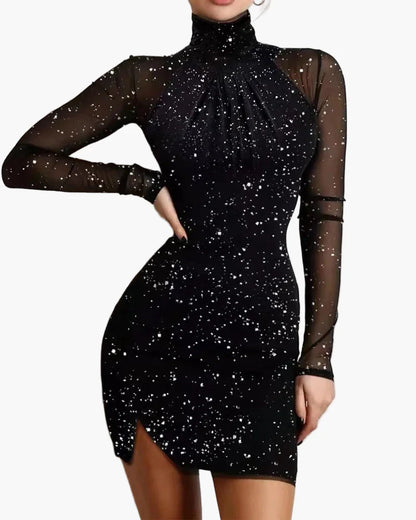 Miniabito bodycon elegante da donna con punti glitterati – Abito da sera e festa con collo alto e maniche in mesh