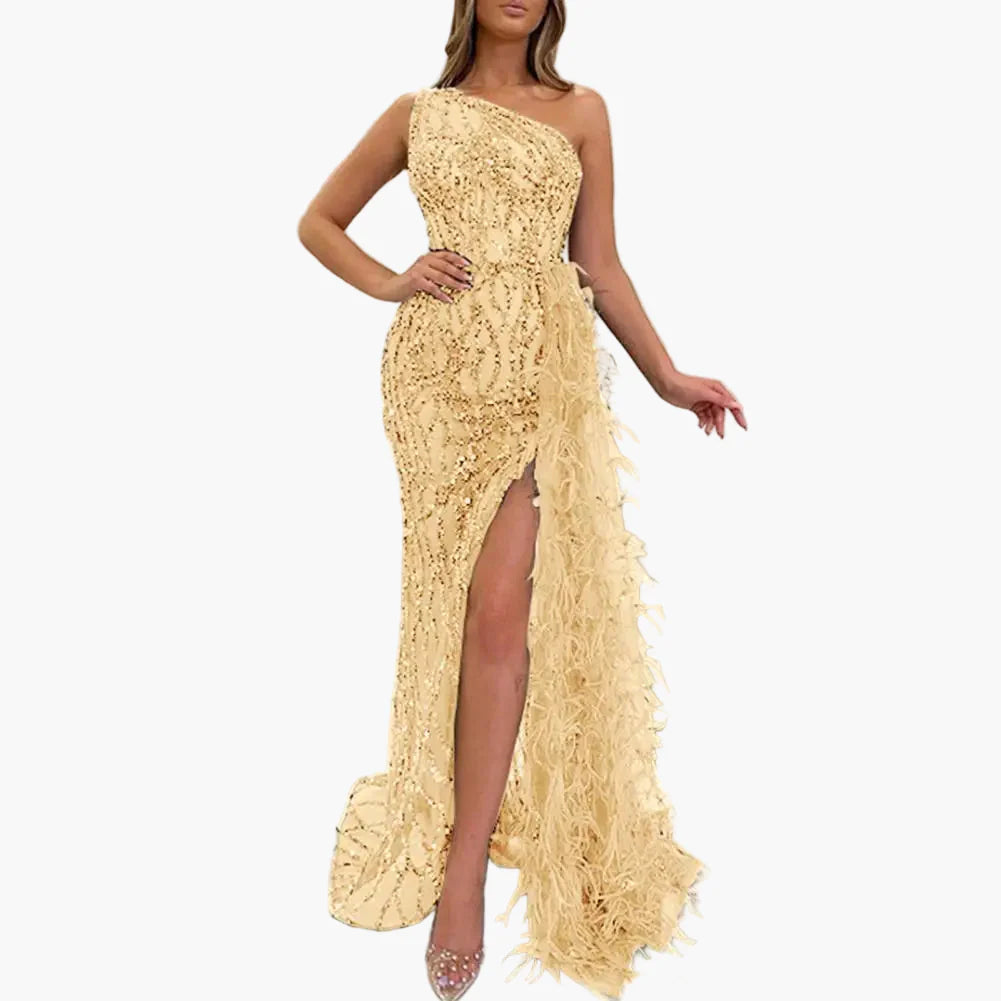 Abito da sera asimmetrico da donna con paillettes e piume – Elegante abito lungo monospalla per festa e gala