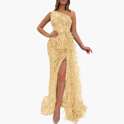 Abito da sera asimmetrico da donna con paillettes e piume – Elegante abito lungo monospalla per festa e gala