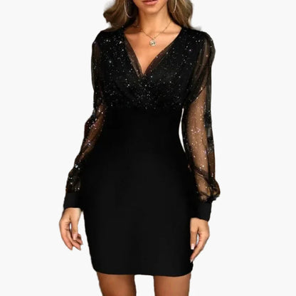 Abito da sera da donna con glitter e maniche trasparenti – Abito da festa elegante per occasioni festive