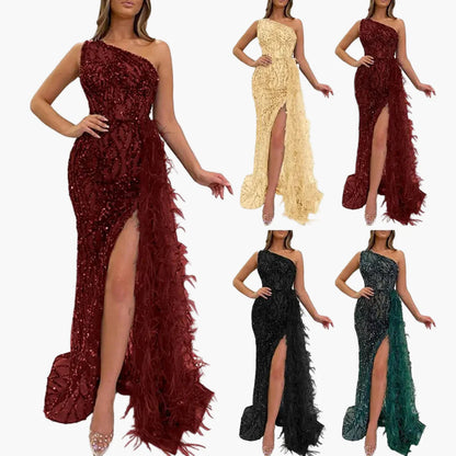 Abito da sera asimmetrico da donna con paillettes e piume – Elegante abito lungo monospalla per festa e gala