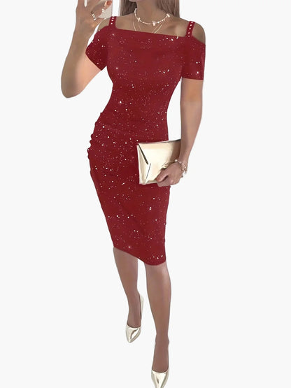 Damska elegancka sukienka na imprezę z wycięciami na ramionach i wzorem gwiazd – dopasowana sukienka wieczorowa na wyjątkowe okazje