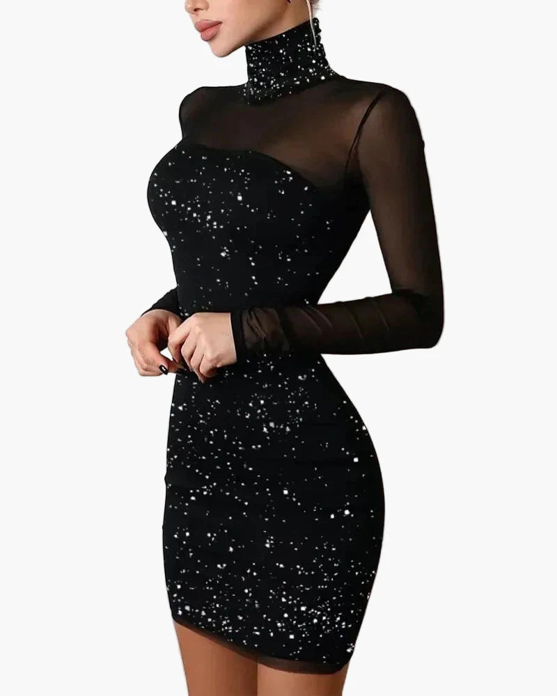 Dames elegante bodycon minijurk met sterrenpatroon en mesh-mouwen – perfect voor feestjes en speciale gelegenheden