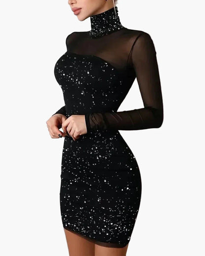 Dames elegante bodycon minijurk met sterrenpatroon en mesh-mouwen – perfect voor feestjes en speciale gelegenheden