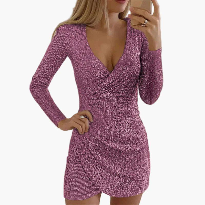 Damen Glitzer Partykleid mit V-Ausschnitt und Wickeldesign – Elegantes Mini Kleid für festliche Anlässe