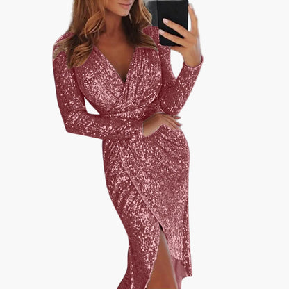 Dam elegant festklänning med paljetter och omlottlook – Djup V-ringning, långa ärmar, perfekt för kvällsevenemang och klubbar