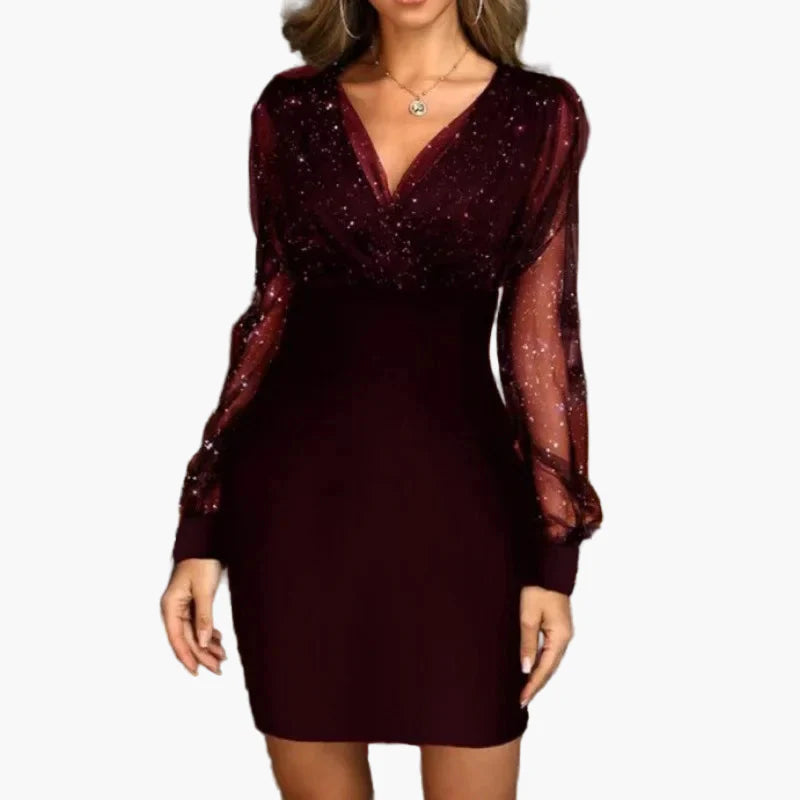 Abito da sera da donna con glitter e maniche trasparenti – Abito da festa elegante per occasioni festive