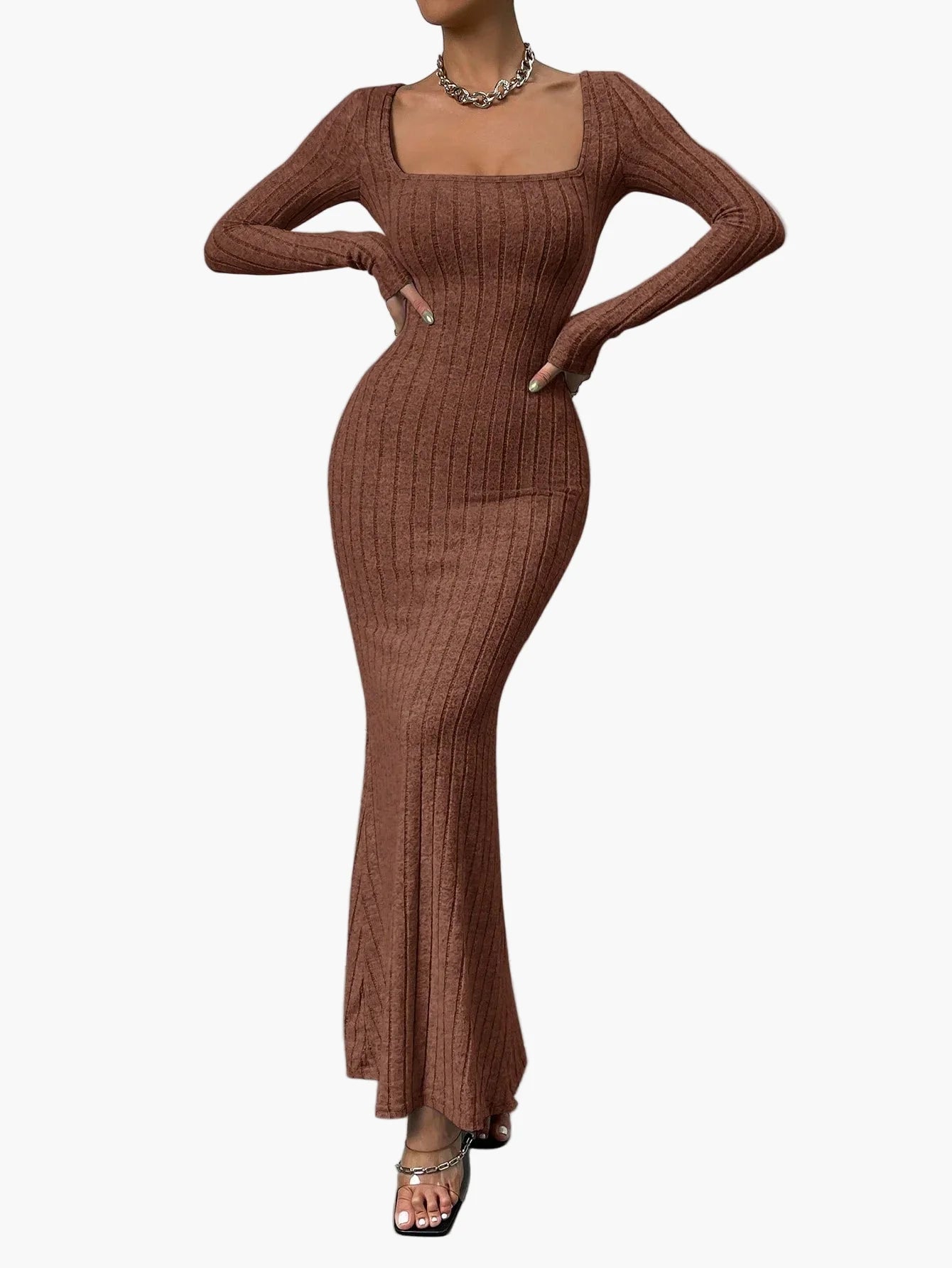 Dames maxijurk met lange mouwen en geribde bodycon pasvorm – elegante vrijetijdsjurk voor dagelijks gebruik en speciale gelegenheden