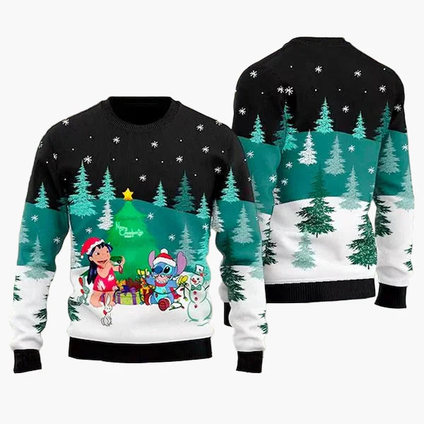 Suéter navideño unisex Merry Stitchmas – Suéter feo de Navidad divertido con dibujo animado