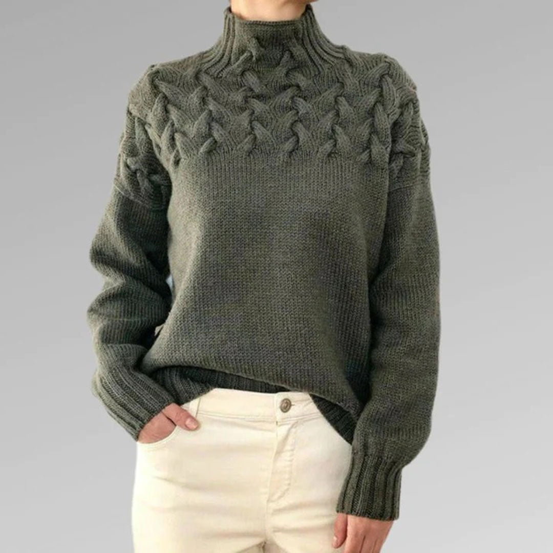 Damen Strickpullover mit Zopfmuster und hohem Kragen – Eleganter Winterpullover für Alltag & Freizeit