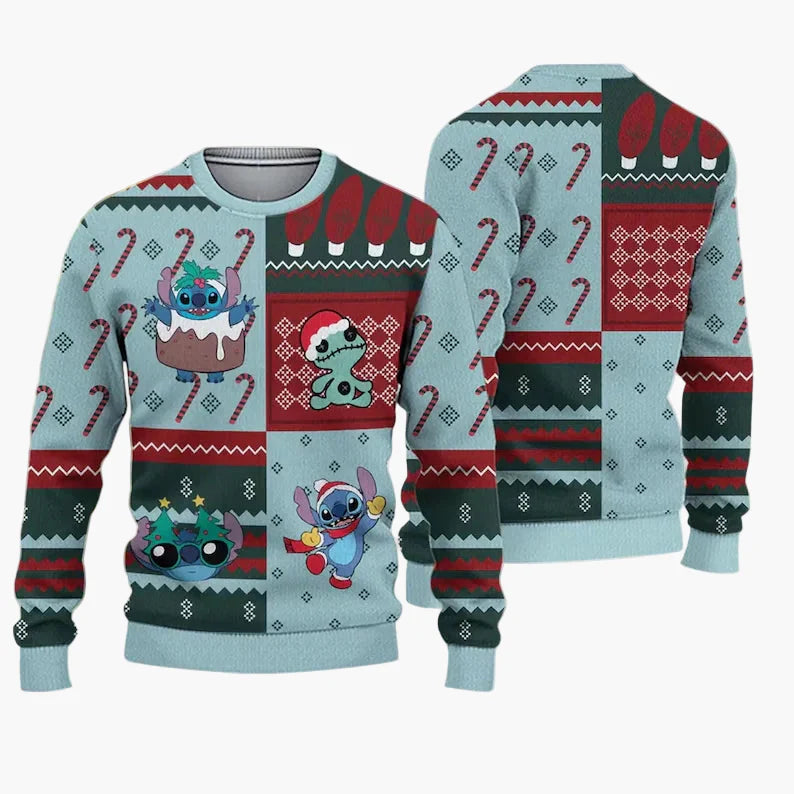 Suéter navideño unisex Merry Stitchmas – Suéter feo de Navidad divertido con dibujo animado