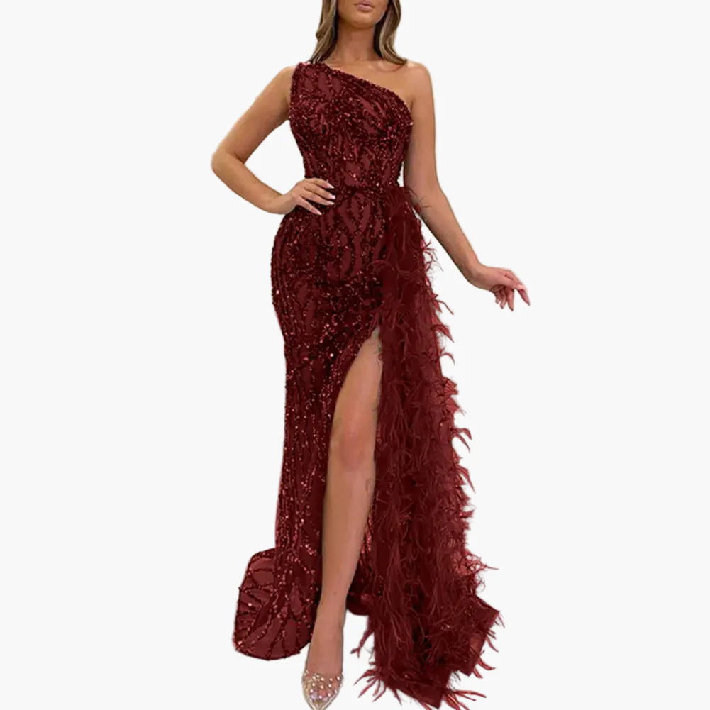 Abito da sera asimmetrico da donna con paillettes e piume – Elegante abito lungo monospalla per festa e gala