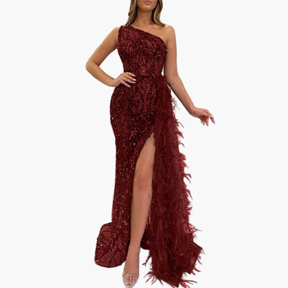 Abito da sera asimmetrico da donna con paillettes e piume – Elegante abito lungo monospalla per festa e gala