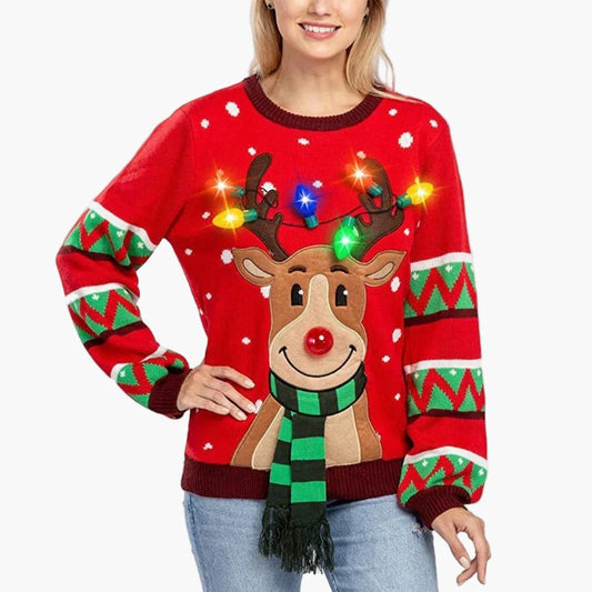 Damen Weihnachts-Pullover mit LED-Lichtern und Rentier-Motiv – Ideal für Weihnachtsfeiern und festliche Anlässe