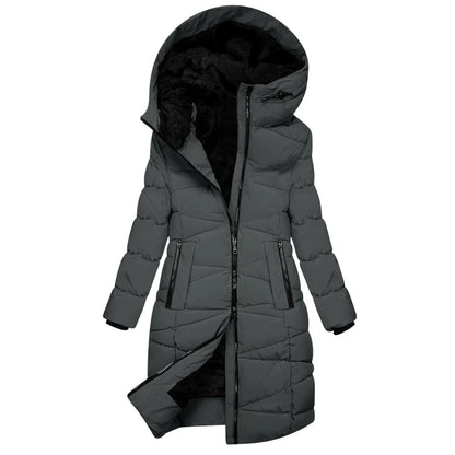 Abrigo de invierno acolchado largo para mujer – Chaqueta con capucha cortavientos con cremallera, a la moda y elegante