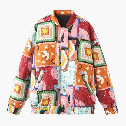 Damernas patchwork bomberjacka i vintage-stil – Moderiktig övergångsjacka med grafiktryck