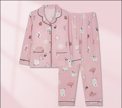 Damen Schlafanzug mit Herzmuster – Langarm-Set mit Knopfleiste & Elastikhose