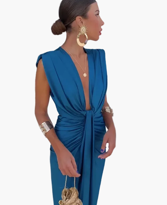 Dam Aftonklänning Elegant – Djup urringning, draperad, perfekt för fester & evenemang