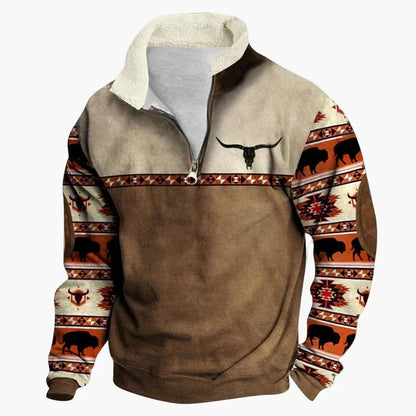 Herren Western Style Pullover mit Azteken-Muster und Longhorn-Motiv – Bequemer Freizeit-Sweater für Outdoor & Alltag