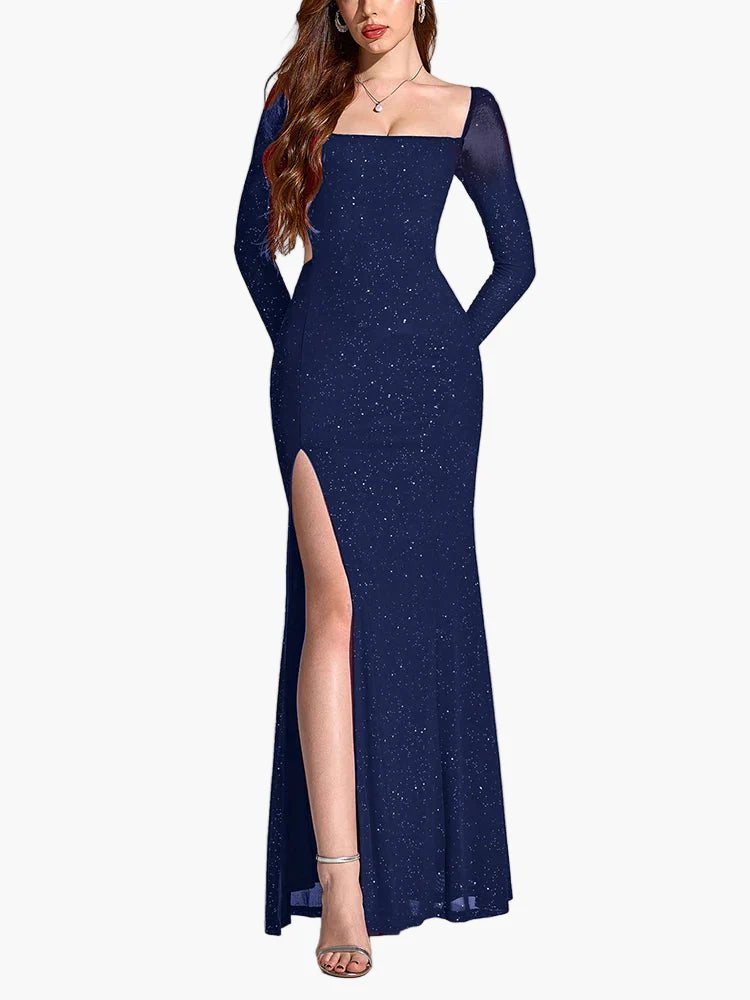 Abito da sera elegante da donna con spacco e glitter, manica lunga, festivo, abito da festa, abito da ballo