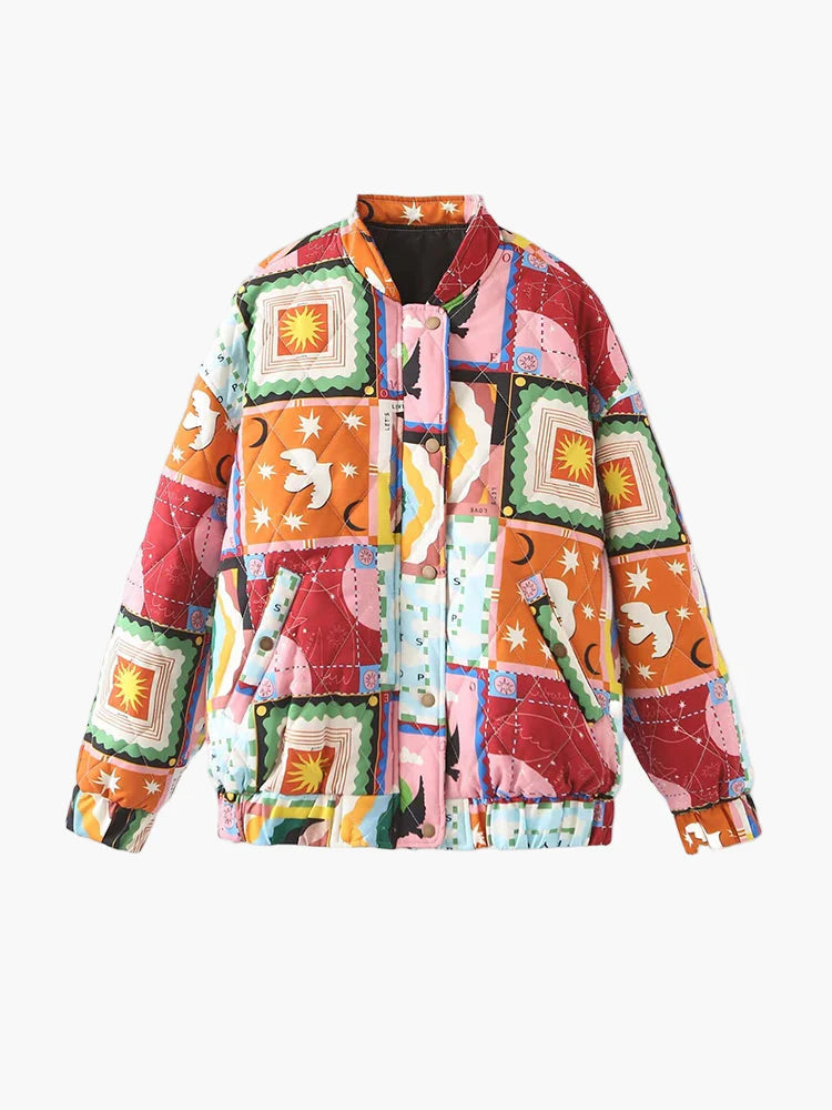 Damernas patchwork bomberjacka i vintage-stil – Moderiktig övergångsjacka med grafiktryck