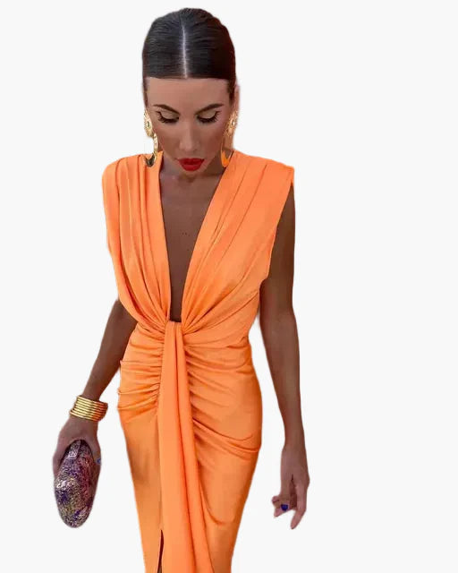 Dam Aftonklänning Elegant – Djup urringning, draperad, perfekt för fester & evenemang