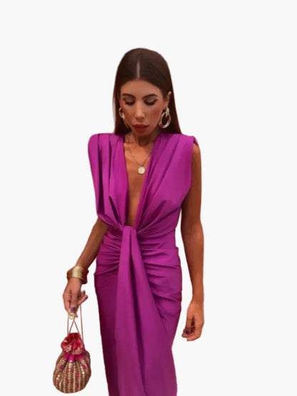 Dam Aftonklänning Elegant – Djup urringning, draperad, perfekt för fester & evenemang