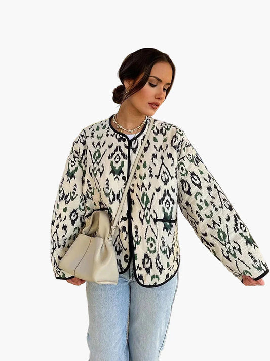 Giacca imbottita da donna con motivo Ikat – Giacca da mezza stagione alla moda, stile casual per tutti i giorni e tempo libero