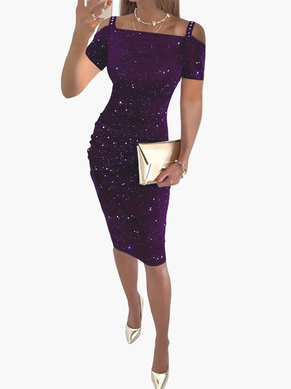 Damska elegancka sukienka na imprezę z wycięciami na ramionach i wzorem gwiazd – dopasowana sukienka wieczorowa na wyjątkowe okazje