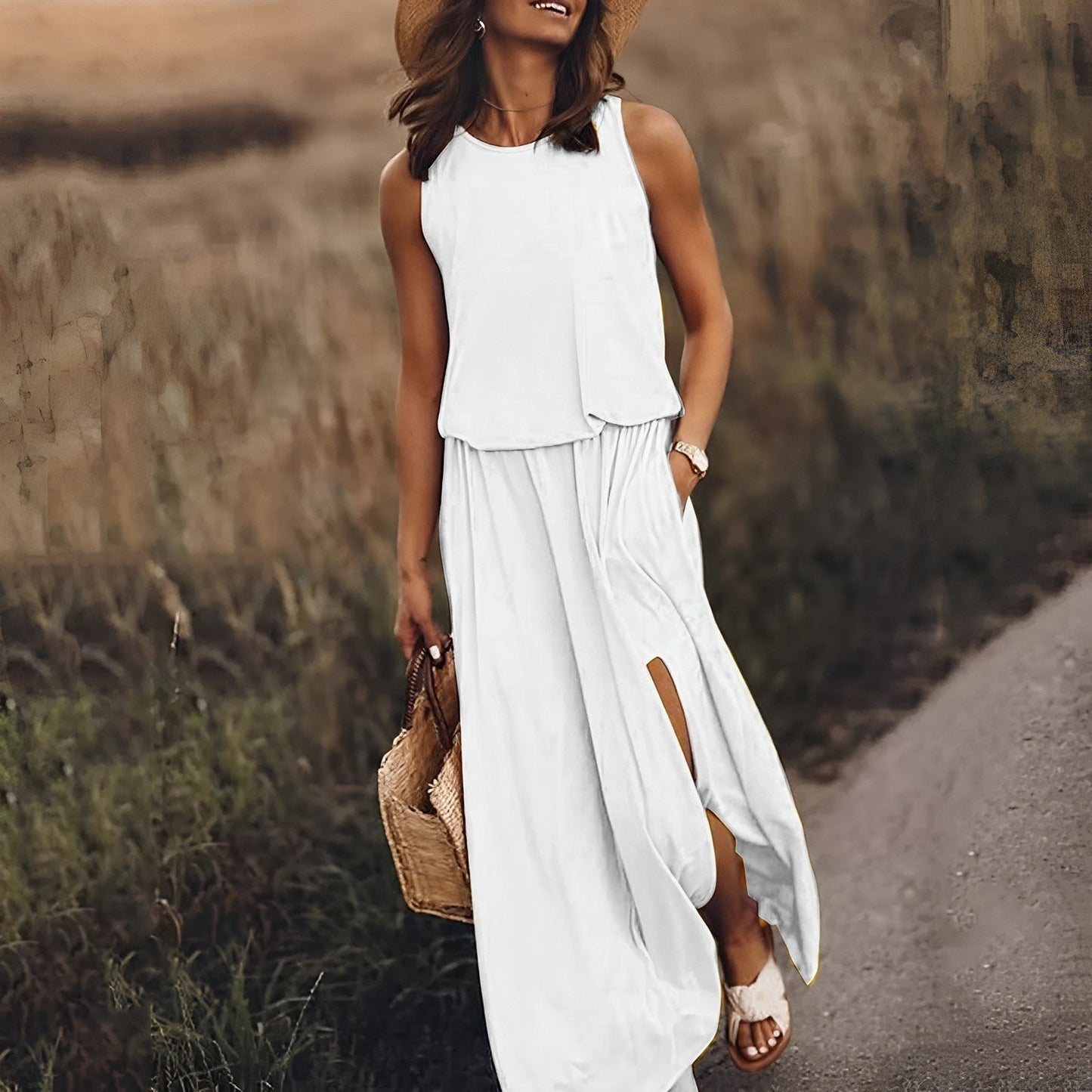 Damen Weißes Boho Maxikleid ohne Ärmel mit Schlitz – Sommer Strandkleid