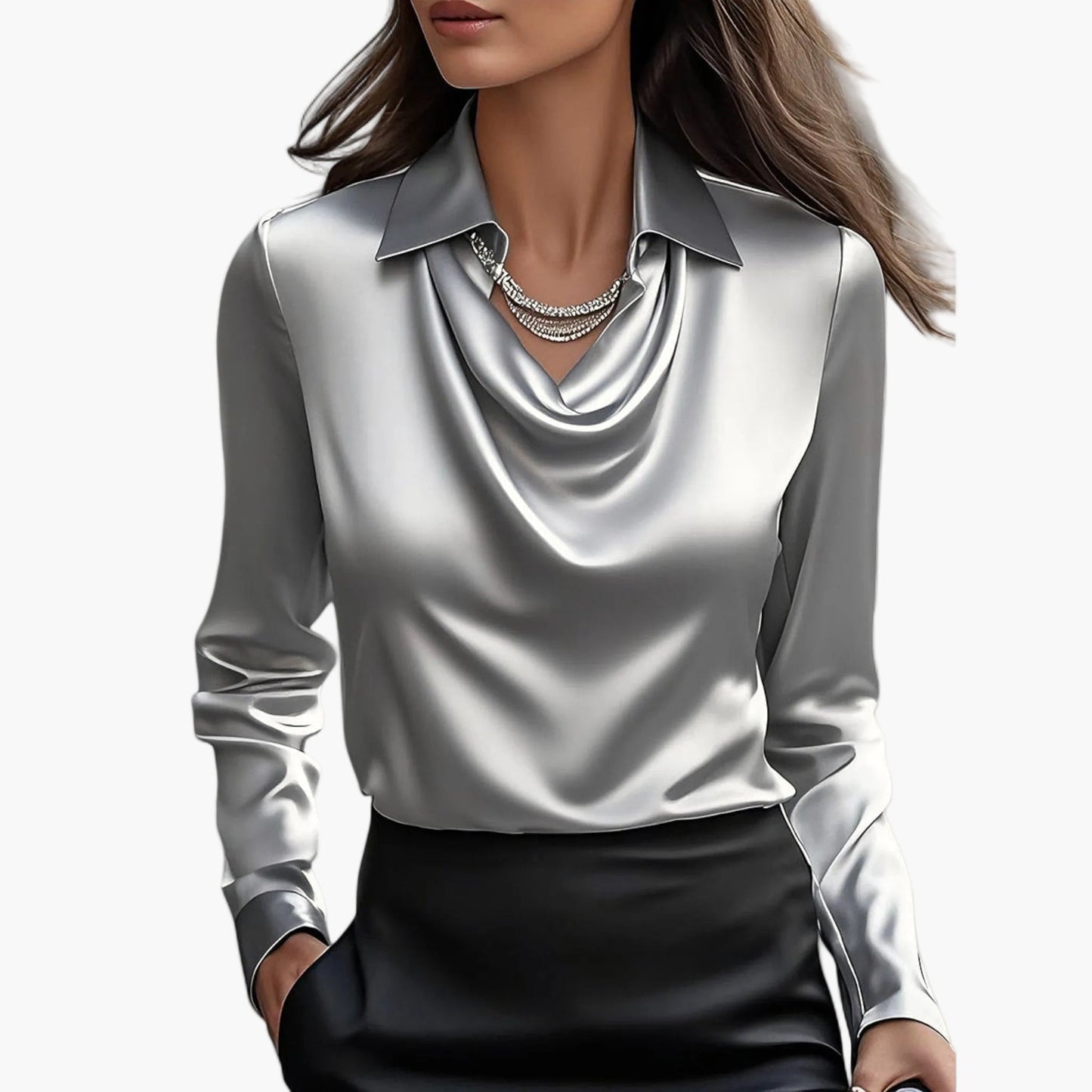 Damen Businessbluse mit Wasserfallkragen – Elegante Büro- & Abendmode