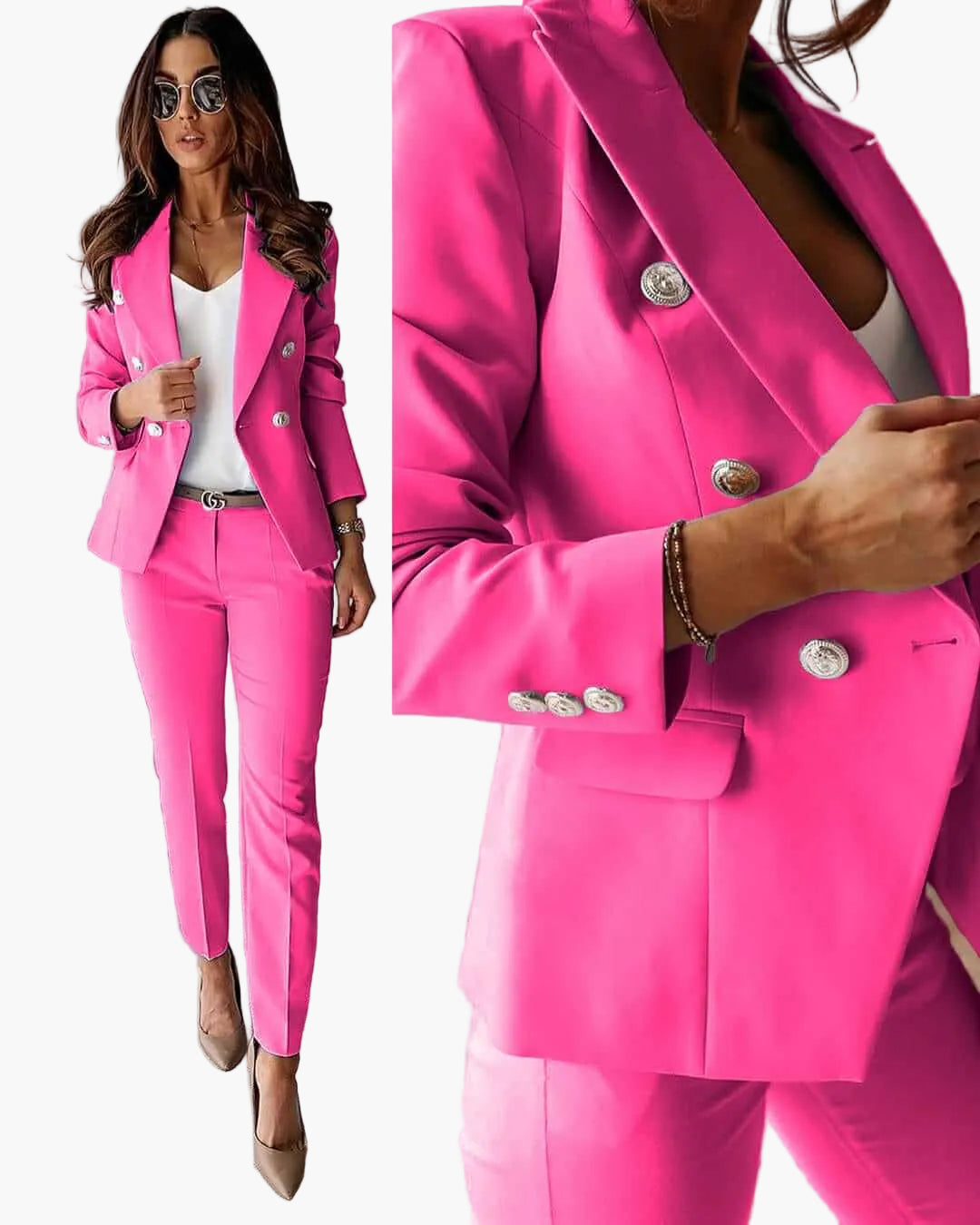 Damski garnitur biznesowy – elegancki dwuczęściowy zestaw marynarka i spodnie do biura i na specjalne okazje