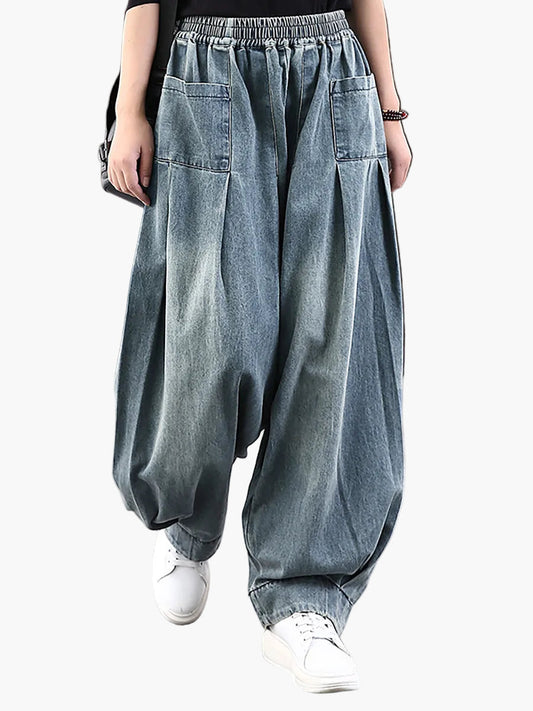 Jean baggy large femme streetwear casual avec taille élastique – Mode décontractée pour le quotidien et les loisirs