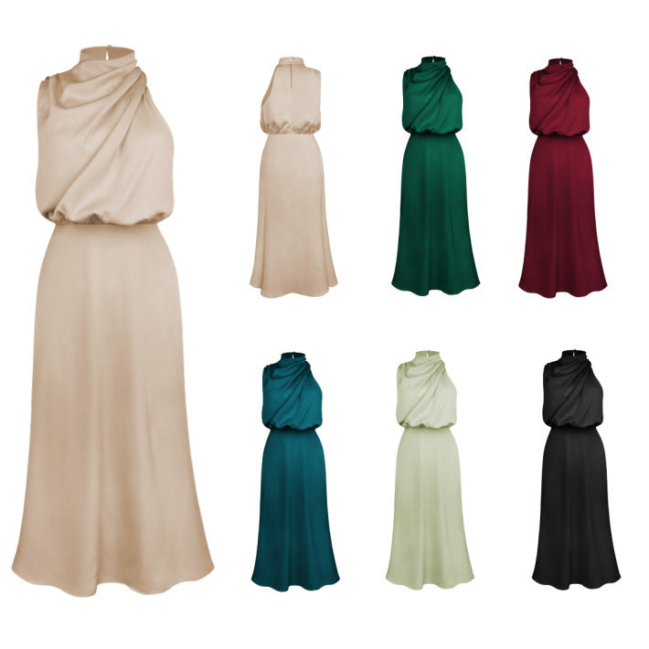 Elegantes Damen Maxikleid mit hohem Kragen – Satin-Look in Olivgrün | Ärmelloses Neckholder-Kleid
