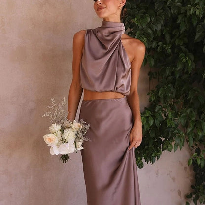 Zweiteiliges Damen-Set in Rost-Satin – Elegantes Neckholder-Bustier und Maxirock für Hochzeiten oder Abendveranstaltungen