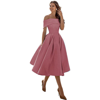Schulterfreies Sommerkleid Damen – Luftiges elegantes Satin Cocktailkleid