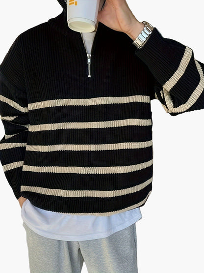 Herren Strickpullover mit Viertelreißverschluss und Streifen – Lässiger Herbst/Winter Style