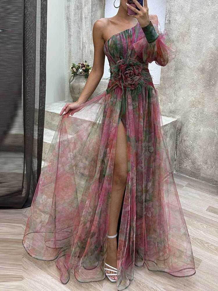 Damska asymetryczna sukienka wieczorowa maxi w kwiaty – elegancka sukienka na jedno ramię na wyjątkowe okazje