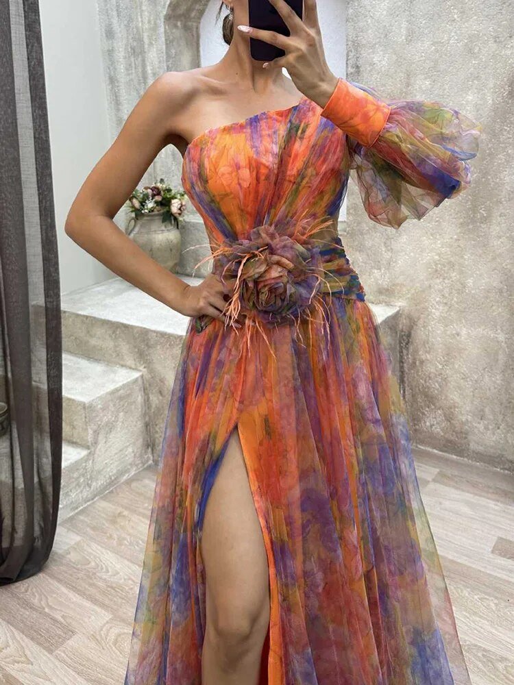 Damska asymetryczna sukienka wieczorowa maxi w kwiaty – elegancka sukienka na jedno ramię na wyjątkowe okazje