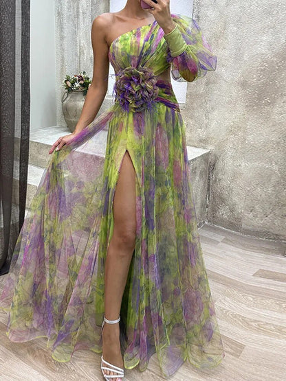 Damska asymetryczna sukienka wieczorowa maxi w kwiaty – elegancka sukienka na jedno ramię na wyjątkowe okazje