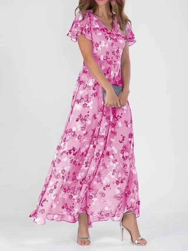 Damen Maxikleid in Rosa mit Blumenmuster – Elegantes Sommerkleid aus Chiffon mit Volantärmeln