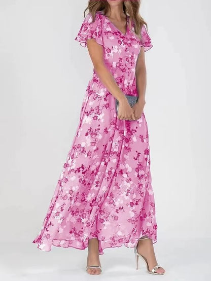 Damen Maxikleid in Rosa mit Blumenmuster – Elegantes Sommerkleid aus Chiffon mit Volantärmeln