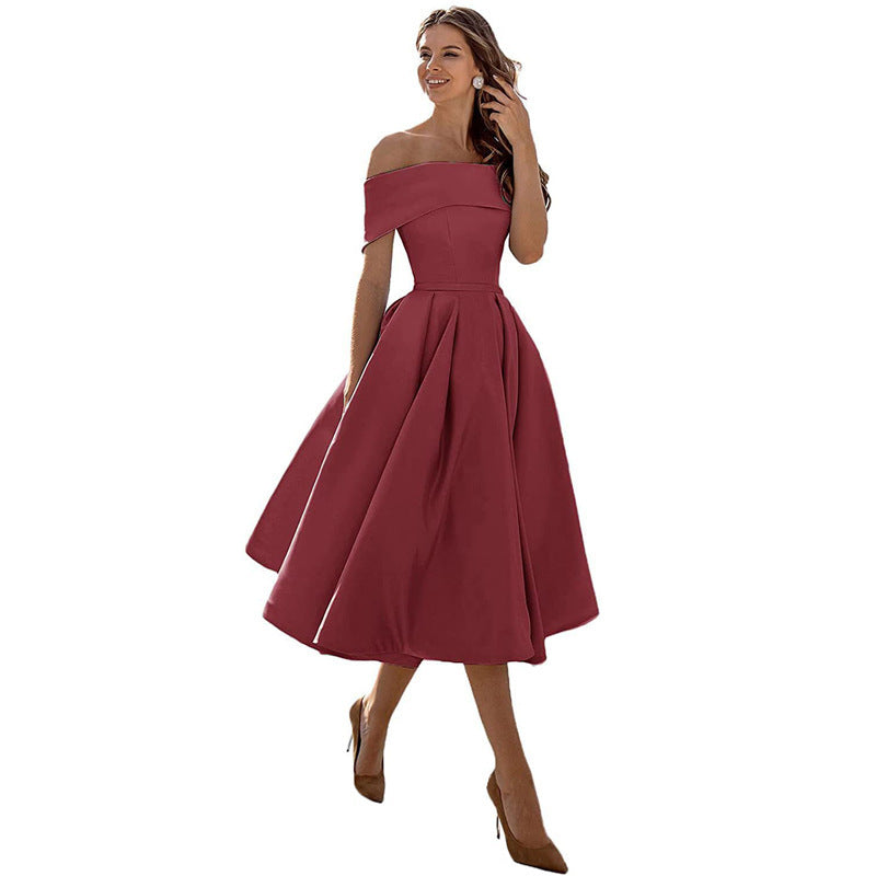 Schulterfreies Sommerkleid Damen – Luftiges elegantes Satin Cocktailkleid